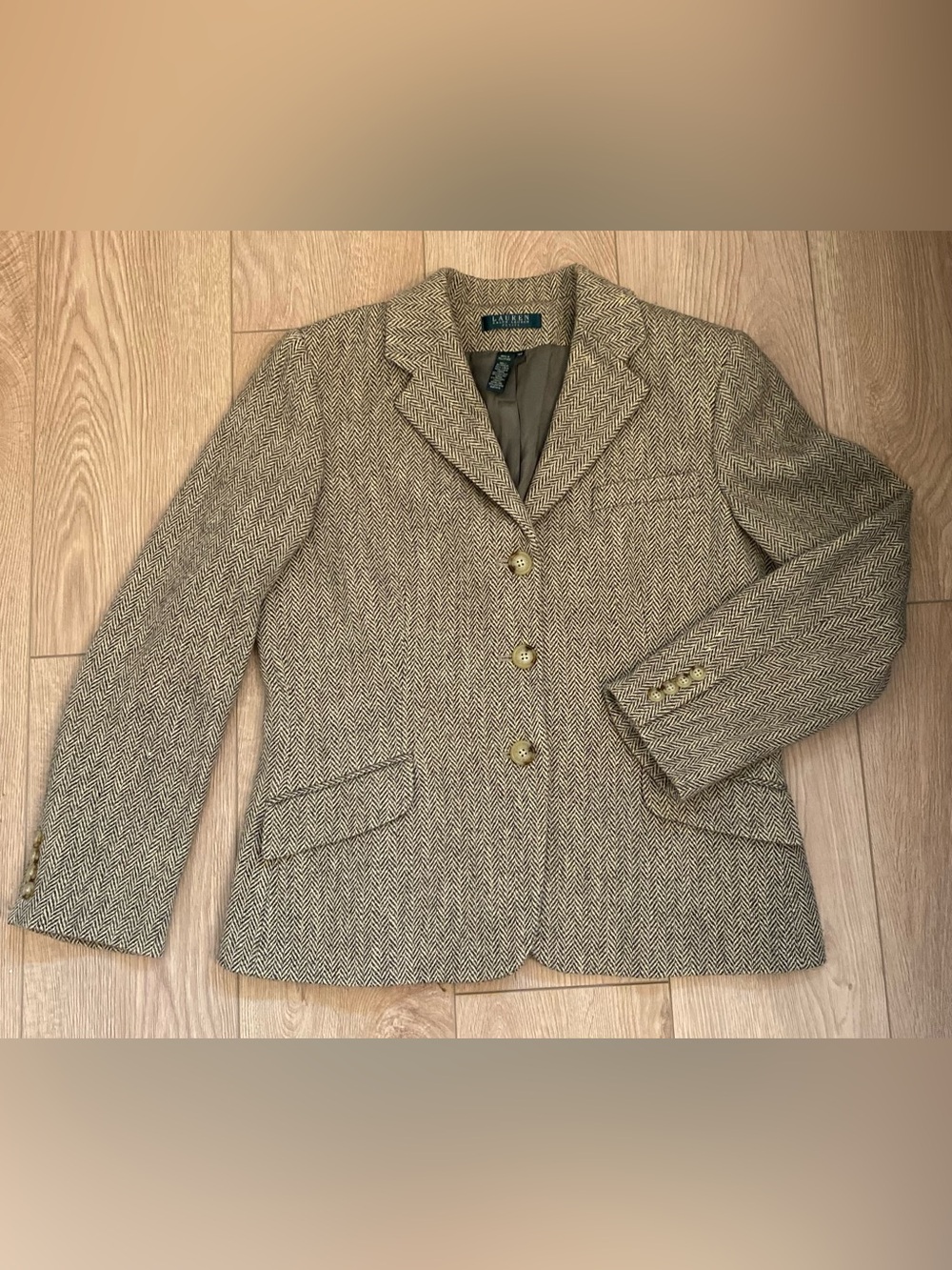 Lauren Ralph Lauren Tan and Black Herringbone Wool-Silk Blend Blazer size 14P